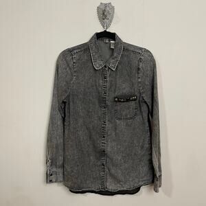 BKE S long sleeve blouse bohemian grunge rock punk acid wash bead snap collared